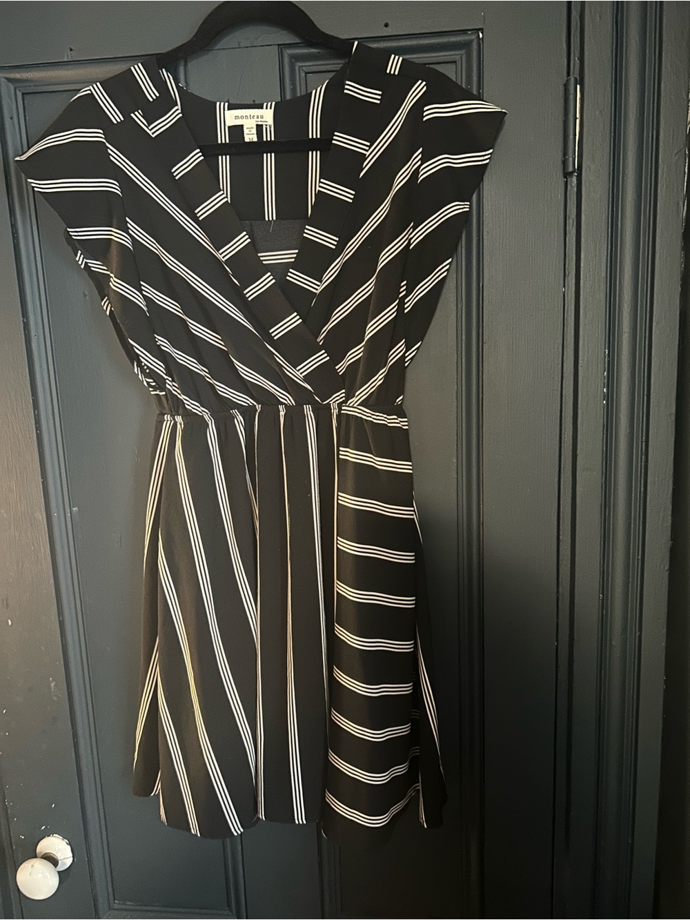 Monteau Black & White Striped V-Neck Dress